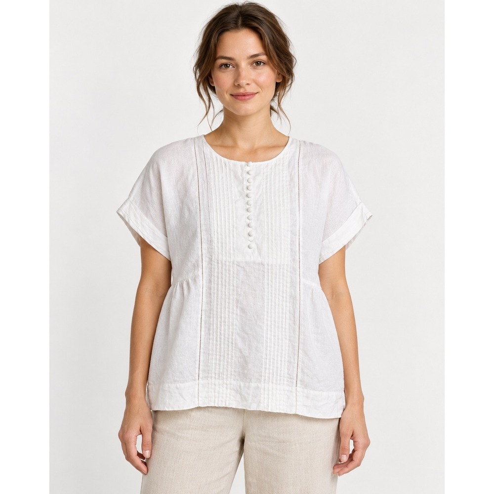 Lafayette 148 Pintuck Popover Blouse size Large White Linen Short Sleeve Preppy